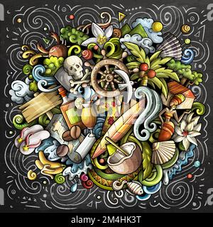 Haiti handgezeichnete Zeichentrickfilme. Lustiges Reisedesign. Kreativer Kunstvektorhintergrund. Exotische Inselelemente und Objekte. Schwarzes Brett CO Stock Vektor