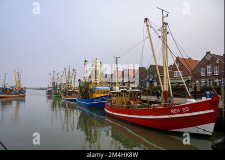 NEUHARLINGERSIEL, DEUTSCHLAND - 26. NOVEMBER 2022: Hafen mit Garnelenschneider Stockfoto