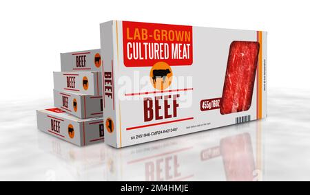 Produktionslinie für im Labor angebaute Kästen aus Zuchtfleisch. Synthetisches Rindfleisch aus der Biotech Science Pack Factory. Abstrakte Darstellung des Konzepts für 3D-Rendering. Stockfoto