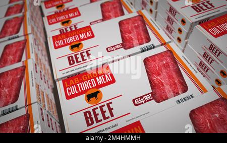 Produktionslinie für im Labor angebaute Kästen aus Zuchtfleisch. Synthetisches Rindfleisch aus der Biotech Science Pack Factory. Abstrakte Darstellung des Konzepts für 3D-Rendering. Stockfoto