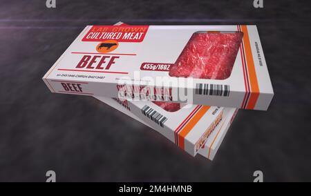 Produktionslinie für im Labor angebaute Kästen aus Zuchtfleisch. Synthetisches Rindfleisch aus der Biotech Science Pack Factory. Abstrakte Darstellung des Konzepts für 3D-Rendering. Stockfoto