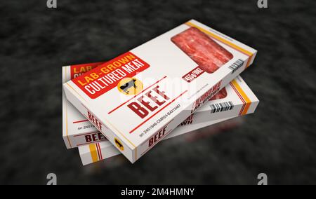 Produktionslinie für im Labor angebaute Kästen aus Zuchtfleisch. Synthetisches Rindfleisch aus der Biotech Science Pack Factory. Abstrakte Darstellung des Konzepts für 3D-Rendering. Stockfoto