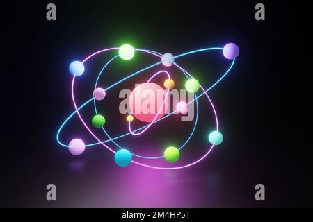 Neonleuchtende Elektronen, die sich in kreisförmigen Umlaufbahnen auf dunklem Hintergrund um den Atomkern bewegen. Das Konzept der Atome, Moleküle und Quantenmechanik. Stockfoto