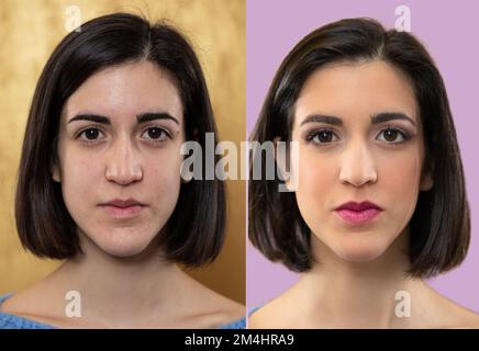 Porträt eines Mädchens vor und nach einer Make-up-Sitzung mit einer Kosmetikerin. Beseitigung von Gesichtsfehlern und Kontureneffekten Stockfoto