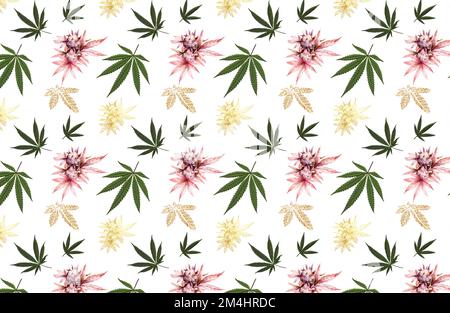 Marihuana Aquarell nahtloses Muster mit natürlichen Cannabisblättern. Goldene Blätter von Cannabis. Illustration der Cannabisbranche. Medizinisches Marihuana. Unkrautbekämpfung Stockfoto