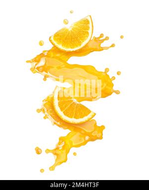 Süßer frischer Orangensaft, Spritzer. Fruchtsaft mit spiralförmigen Orangenscheiben auf weißem Hintergrund. Gesunde Obstdiät Stockfoto