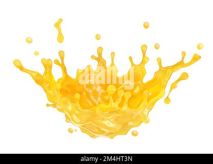 Süßer, frischer Orangensaft-Smoothie, 3D Spritzer. Fruchtsaftspritzer: Orange, Mango, Zitrone, Zitrus, Ananassaft in Kronenform, gesundes Getränk Stockfoto