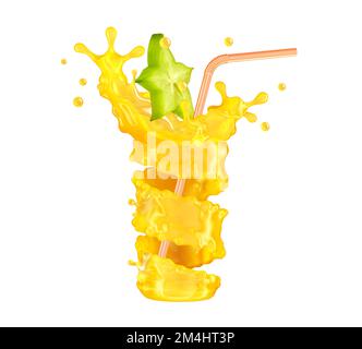 Süßer frischer Orangenfruchtsaft, 3D Spritzer. Fruchtsaftspritzer: Mandarine, Zitrone, Orange, Ananas, Mandarin, Pfirsich, Mangosaft im Glas Stockfoto