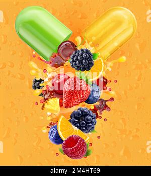 Multivitamine Ergänzungen Mineralstoffe Kapselpille mit Orange, Brombeere, Erdbeere, Himbeere, Heidelbeere, Cranberry-Säfte, Naturheilkunde Stockfoto