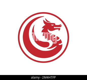 Ein rotes Drachen-Emblem in einem Kreis, isoliert auf weißem Hintergrund. Stock Vektor