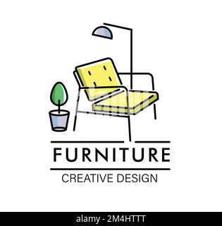 Das Logo eines Möbelunternehmens. Umriss eines gelben Stuhls mit Lampe und Pflanze. Stock Vektor