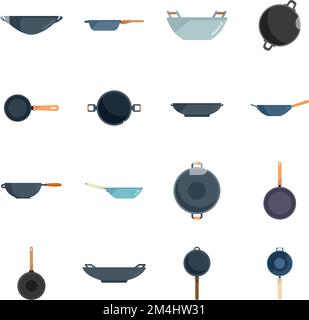 Symbole für Wok-Bratpfannen stellen einen flachen Vektor ein. Fleischwerkzeuge. Küche isoliert Stock Vektor