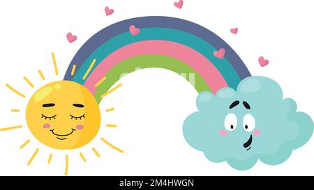 Süße Wettercharaktere. Frohes Gesicht, Sonne und Wolken mit Regenbogen Stock Vektor