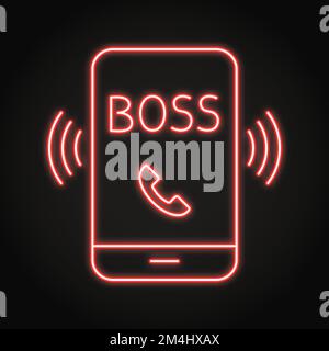 Boss ruft Neonsymbol in Linienform an. Mobiltelefon mit Annahmetaste. Arbeitsbelastungskonzept. Vektordarstellung Stock Vektor