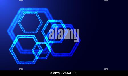 Sechseckige Formen aus kleinen leuchtenden Partikeln mit Schärfentiefe. Leuchtende Neonpartikel in Wabenform. Technologieabstrakter Hintergrund. Stock Vektor