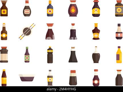 Symbole für Sojasoße setzen einen flachen Vektor. Sashimi gebraten. Tempura Shrimps isoliert Stock Vektor