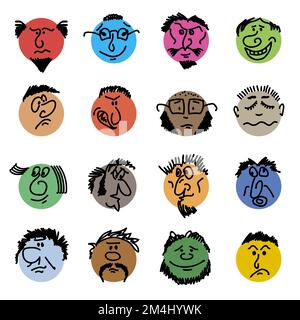 Colored doodle Heads. Round comic faces with various emotions. Crayon drawing style. Different colorful characters. Cartoon style people. Stock Vektor