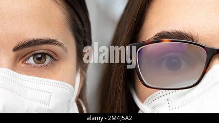 Ein halbes Gesicht einer Frau, die eine Maske trägt, mit Linsen und einer beschlagenen Brille. Konzept von Fragen im Zusammenhang mit Masken und Virenprävention Stockfoto