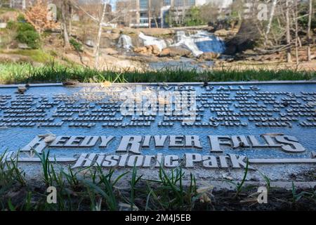 Reedy River Falls Historic Park Schild in Greenville, South Carolina. Stockfoto