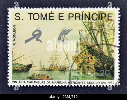 Briefmarken von Sao Tomé und Principe, die Grashalme, Schmetterlinge, ca. 1989, zeigen. Stockfoto