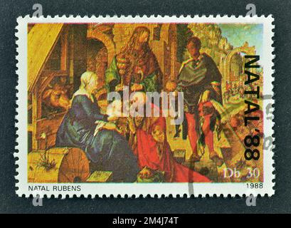 Stornierte Briefmarke, gedruckt von Sao Tomé und Principe, die das Gemälde Adoration des Magis Albrecht Dürer, ca. 1981, zeigt. Stockfoto