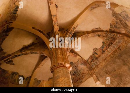 Zentrale Säule ähnlich der Palme, die den Heiligen Baudilus symbolisiert. Die Eremitage von San Baudelio de Berlanga ist eine Kirche aus dem frühen 11.. Jahrhundert. Das ist es Stockfoto