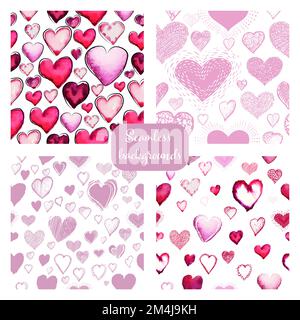 Aquarell Herzen nahtloser Hintergrund. Rosafarbenes Herzmuster. Farbenfrohe, romantische Textur in Aquarellfarben. Alles Liebe zum Valentinstag. Vektordarstellung Stock Vektor