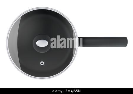Frittan mit Glasdeckel, Draufsicht. 3D-Rendering auf weißem Hintergrund isoliert Stockfoto