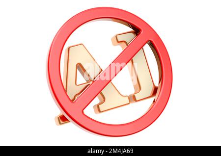 AI mit Verbotsschild, 3D-Rendering isoliert auf weißem Hintergrund Stockfoto