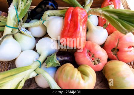 Detail. Bio-Gemüse auf dem Schaukasten des Lebensmittelgeschäfts. Laguardia, Álava, Baskenland, Spanien, Europa Stockfoto