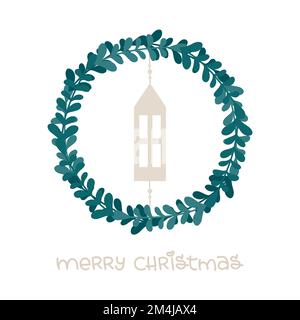 Weihnachtskranz mit grünen Zweigen und beigefarbenem kleinen Haus. Frohe Weihnachtsbriefe. Vektordarstellung, flaches Design Stock Vektor