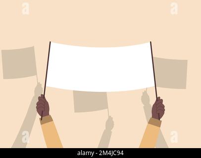 Eine Menge Demonstranten. Silhouetten von Händen, Menschen mit Bannern Stock Vektor