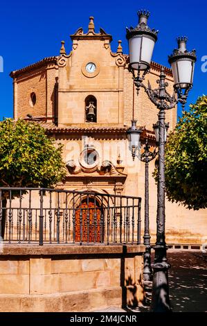Plaza Mayor - Hauptplatz, im Hintergrund die Ermita de Nuestra Señora Virgen de la Plaza. Elciego, Álava, Baskenland, Spanien, Europa Stockfoto