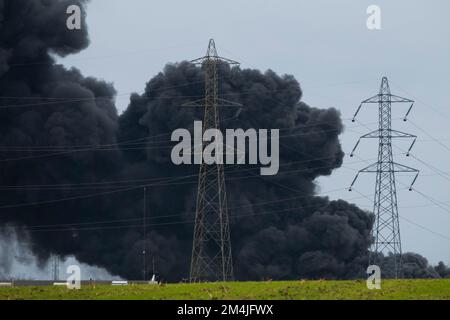 Frankreich, Loiret (45), Chaingy, Industriegebiet, Feuer in der Nähe von Hochspannungsleitungen des französischen Netzbetreibers RTE. Blackout Stockfoto