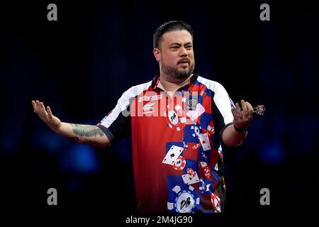 Danny Baggish reagiert während seines Spiels gegen Mervyn King während des siebten Tages der Cazoo Darts World Championship im Alexandra Palace, London. Bilddatum: Mittwoch, 21. Dezember 2022. Stockfoto