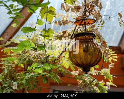 Nahaufnahme einer dekorativen Laterne im Vintage-Stil mit braunem Glas. Stockfoto