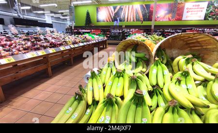 Frische, gesunde Bio-Bananen im Lebensmittelgeschäft. Gesundes Naturnahrungskonzept Stockfoto