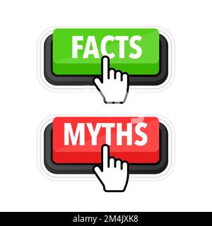 Fakten gegen Mythen, Faktenprüfung. Häkchen. Falsche Nachrichten. Gerüchte im Vergleich zu wahren Informationen. Label „Fakten vs. Mythen“. Stock Vektor