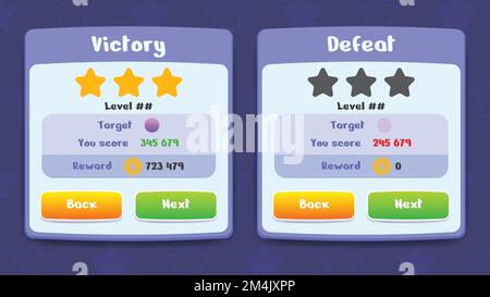 „Sieg und Niederlage“ wird mit Stars für das Spiel ausgezeichnet. Satz Benutzeroberfläche für die Erstellung von 2D-Spielen. Kann in mobilen, Web- oder Videospielen verwendet werden Stock Vektor