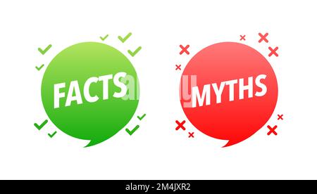 Fakten gegen Mythen, Faktenprüfung. Häkchen. Falsche Nachrichten. Gerüchte im Vergleich zu wahren Informationen. Label „Fakten vs. Mythen“. Stock Vektor