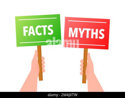Fakten gegen Mythen, Faktenprüfung. Häkchen. Falsche Nachrichten. Gerüchte im Vergleich zu wahren Informationen. Label „Fakten vs. Mythen“. Stock Vektor