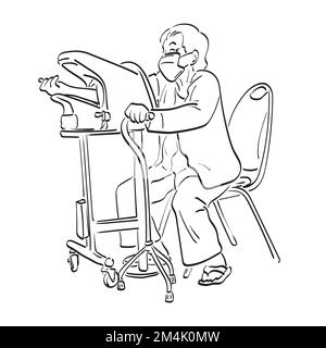 Alte Frau, die den Blutdruck und die Herzfrequenz überprüft, Illustrationsvektor von Hand gezeichnet, isoliert auf weißem Hintergrund. Stock Vektor