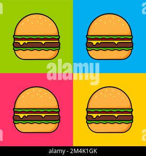 Burger auf farbenfrohem Hintergrund. Pop-Art-Poster. Einfache Vektordarstellung. Stock Vektor