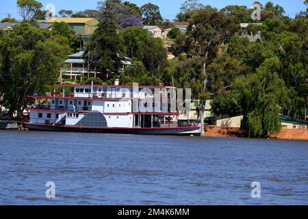 Der alte Paddeldampfer „Marion“ verlegte in Mannum, als Deiche gebaut wurden, um sich gegen die Überschwemmung des Murray River in Südaustralien im Jahr 2022 zu verteidigen. Stockfoto