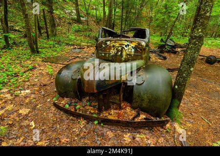 Verfallenes Fahrzeug im Wald, Killarney Provincial Park, Ontario, Kanada Stockfoto