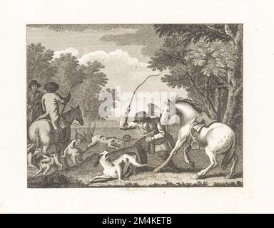 Der Hund und der Jäger. Ein Jäger mit Horn verlässt sein Pferd und schlägt einen jungen Fuchshund Ringwood, weil er bellte. Copperplate-Gravur von Peter Mazell nach einer Illustration von John Wootton aus Fables von John Gay, mit einem Leben des Autors, John Stockdale, London, 1793. Stockfoto