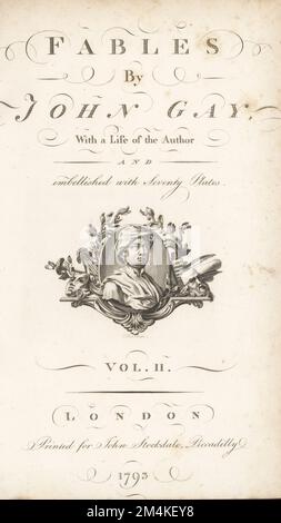 Kalligraphische Titelseite zu Band 2 mit Büste des Dichters John Gay mit Girlanden, dramatischen Masken, Pfannenpfeifen, Fackeln. Copperplate-Gravur von John Hall aus Fables von John Gay, mit einem Leben des Autors, John Stockdale, London, 1793. Stockfoto