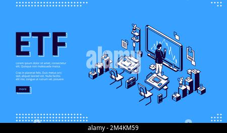 Isometrische Landing-Page der ETF, Konzept für börsengehandelte Fonds, Geschäftsmann steht an der Tafel im Büro oder Klassenzimmer und sieht sich das Finanzdiagramm der Börseninvestitionen mithilfe eines 3D-Vektor-Webbanners für Smartphones an Stock Vektor
