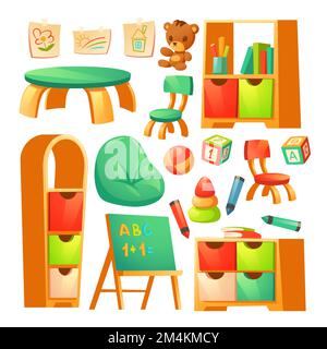 Zimmereinrichtung im montessori-Kindergarten mit Büchern auf Regalen, Tafel, Schreibtisch mit Stühlen. Vektor-Cartoon-Möbel im Klassenzimmer, Kindergemälde, Bleistifte und Spielzeug isoliert auf weißem Hintergrund Stock Vektor