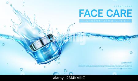 Gesichtscreme-Paket im Wasser. Vector realistisches Markenposter mit feuchtigkeitsspendendem Hautpflegegel oder Make-up-Kosmetika im Glasbehälter. Werbebanner, Werbehintergrund Stock Vektor